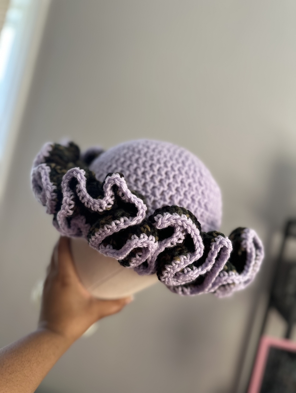 Handmade Lavender and Camo Crochet Ruffle Hat - Women Accessories - Picture 2 of 3